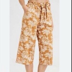 American Eagle Cotton Linen Pants Womens Size M Mustard Palm Print Wide Leg Crop